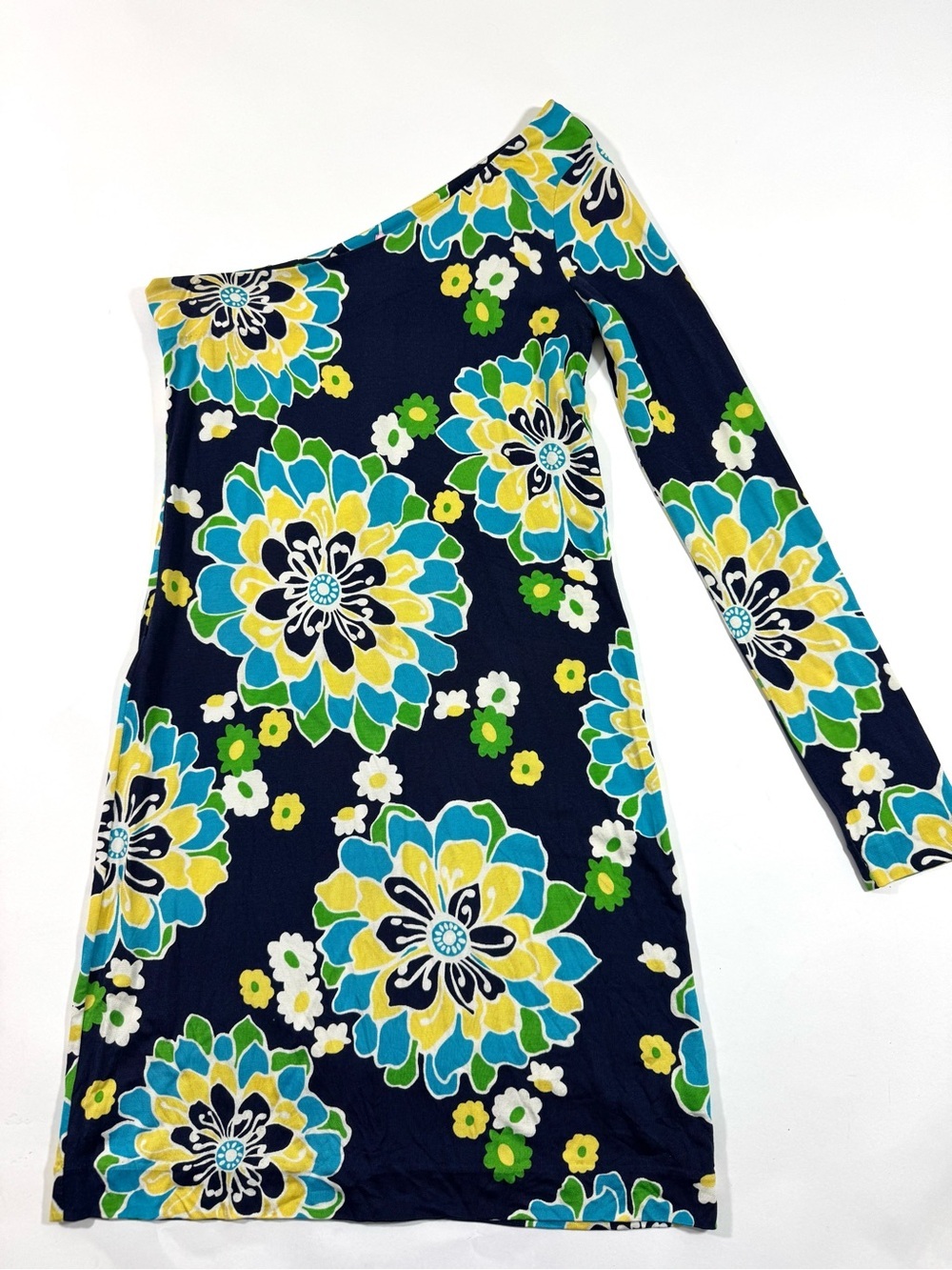 Lilly Pulitzer Whitaker One Sleeve Mini Dress Navy Floral Retro print